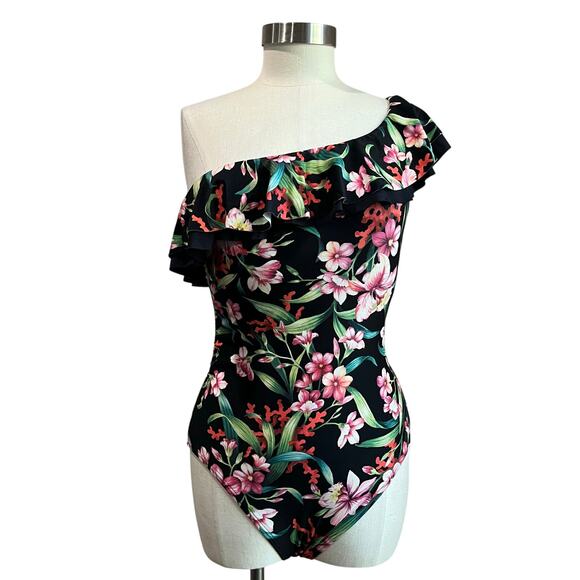 Carmen Marc Valvo ONe Shoulder Floral Print Ruffle One Piece Swimsuit Sz 12 - Picture 1 of 6